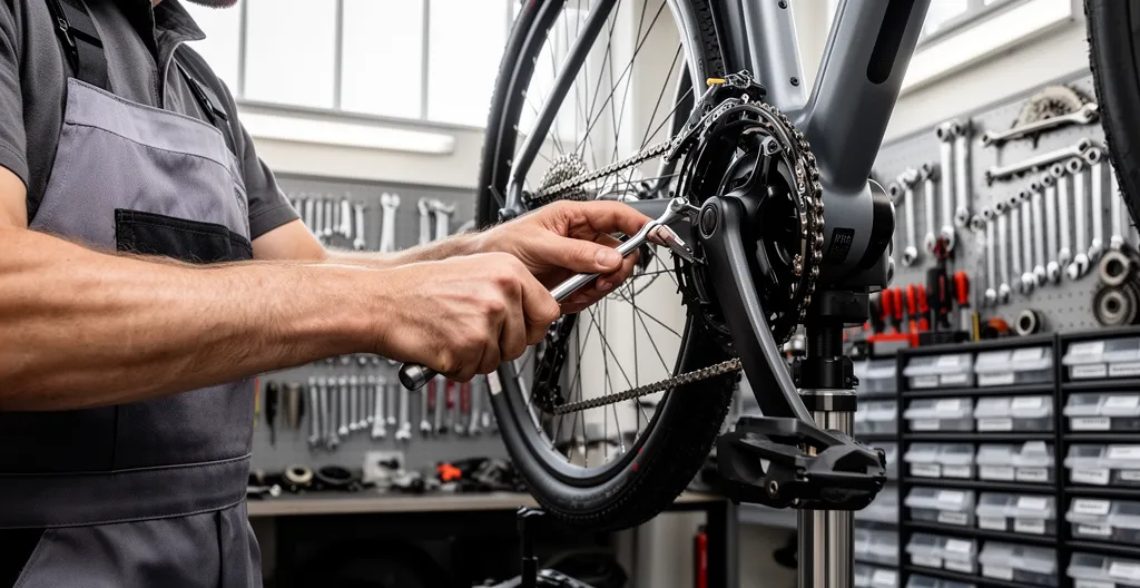 Technicien vélo examinant la chaîne d'un vélo électrique surélevé sur pied d'atelier