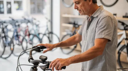 Client examinant un vélo électrique dans une boutique spécialisée