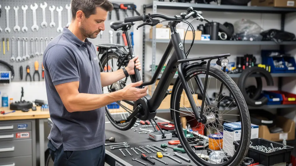 Technicien vélo travaillant sur un VAE dans un atelier professionnel