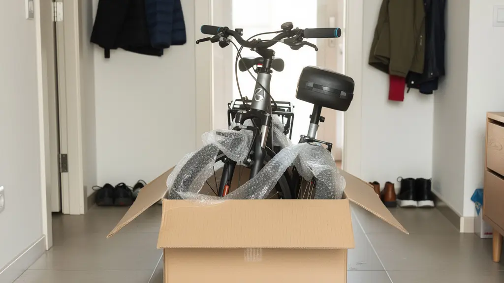 Vélo électrique partiellement déballé dans une entrée d'appartement