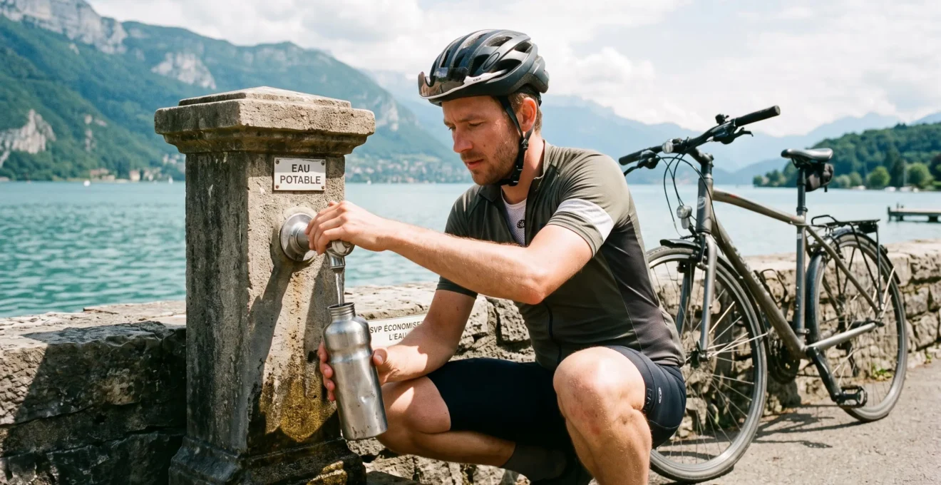 Cycliste accroupi remplissant sa gourde à une fontaine d'eau publique le long de la piste cyclable du lac d'Annecy, son vélo posé contre un muret à côté