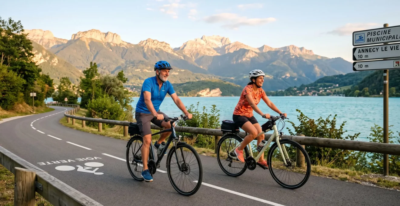 Deux cyclistes pédalant sur la piste cyclable du lac d'Annecy avec vue sur l'eau turquoise et les sommets alpins en arrière-plan sous une lumière dorée de fin d'après-midi