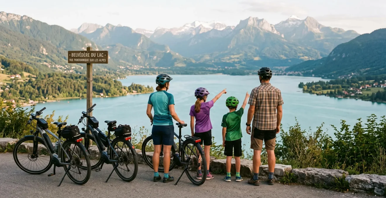 Famille de quatre personnes debout devant leurs vélos électriques observant le panorama du lac d'Annecy depuis un point de vue aménagé de la piste cyclable, enfants pointant les sommets alpins