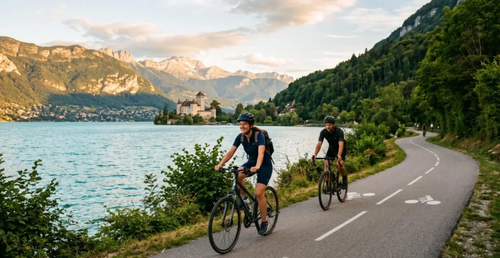 Cycliste roulant sur la piste de la rive ouest du lac d'Annecy avec vue sur le château de Duingt et les eaux turquoise du lac Cycliste roulant sur la piste de la rive ouest du lac d'Annecy avec vue sur le château de Duingt et les eaux turquoise du lac