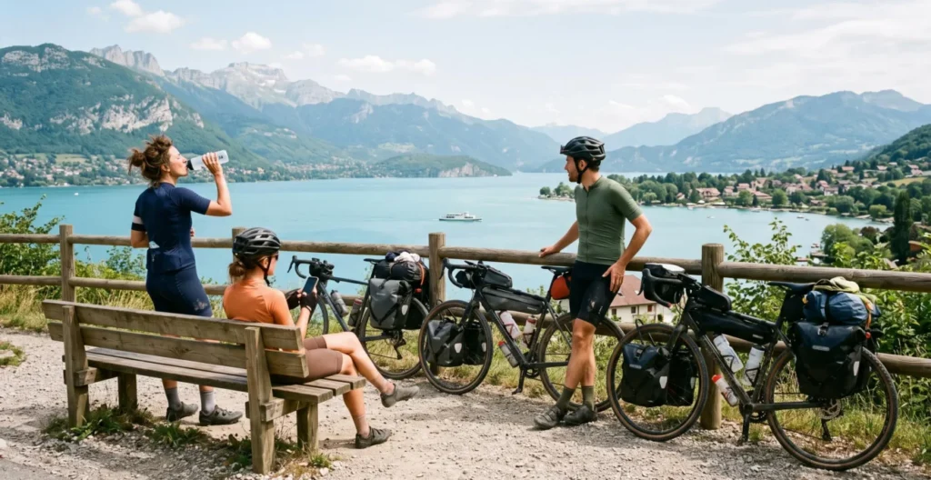 Cyclistes en pause à un point de vue sur le lac d'Annecy, vélos posés contre une rambarde, profitant du panorama sur le lac turquoise et les montagnes Cyclistes en pause à un point de vue sur le lac d'Annecy, vélos posés contre une rambarde, profitant du panorama sur le lac turquoise et les montagnes